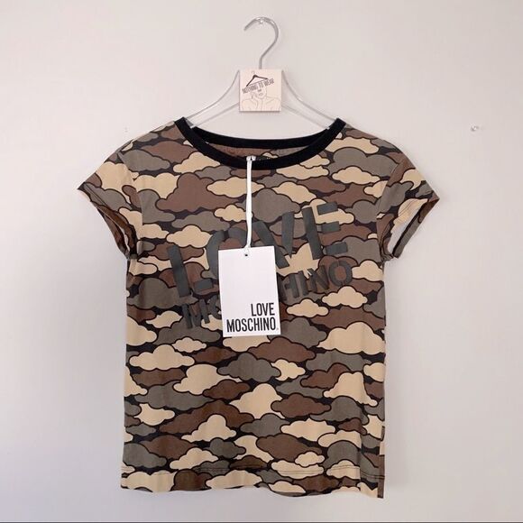 ⭕️ LOVE MOSCHINO T Shirt Women’s Camo Camouflage Logo Small Military Cloud - Picture 1 of 7